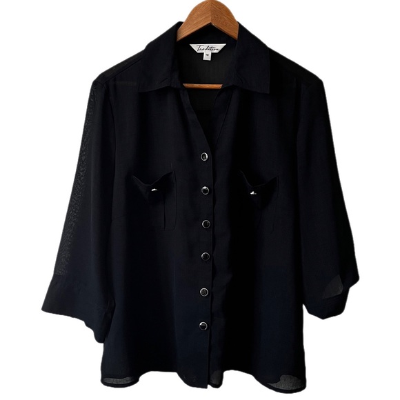 Tradition‎ Lightweight Black Gauzy Sheer Button Front Short Sleeve Blouse - Picture 6 of 11